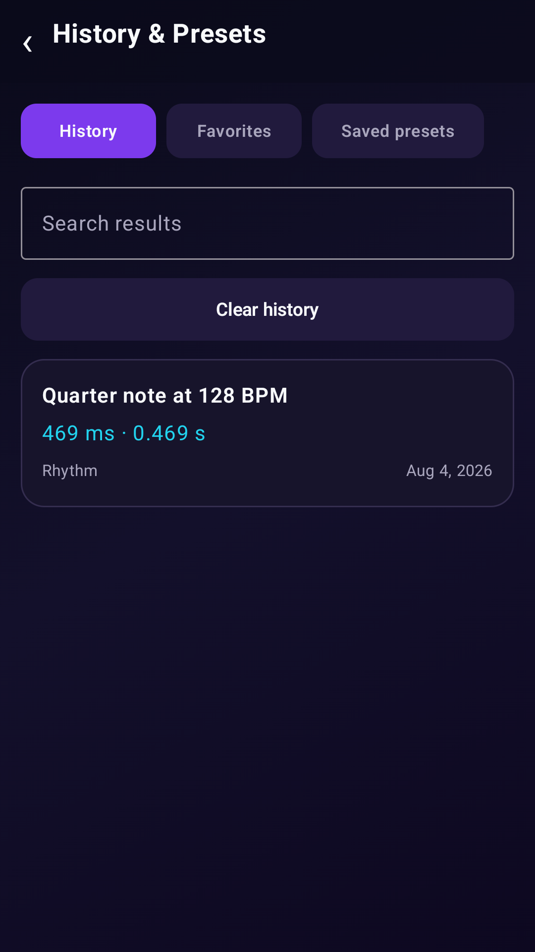 Audio Calc Pad history and presets screen