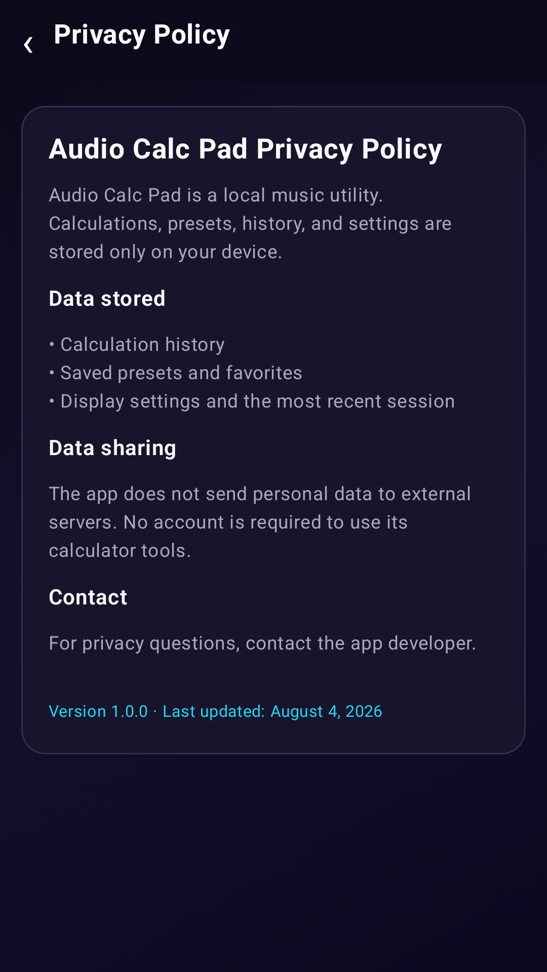 Audio Calc Pad studio calculation details